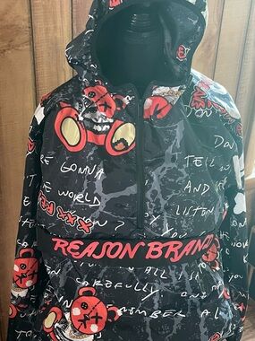 Reason Black Pullover Hoodie with Red and Yellow Graphic
